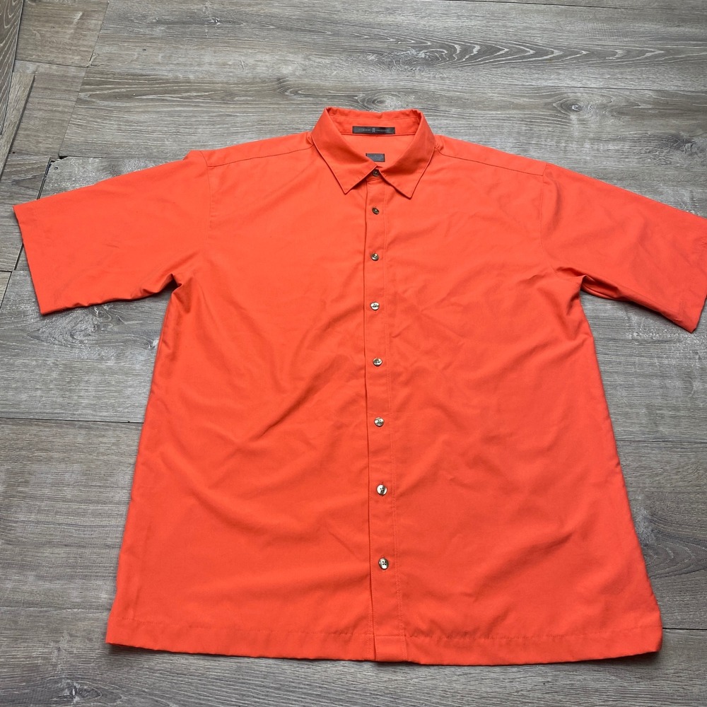 Tiger Woods Shirt Mens Large Orange Polyester Short Sleeve Button Down Golf Top